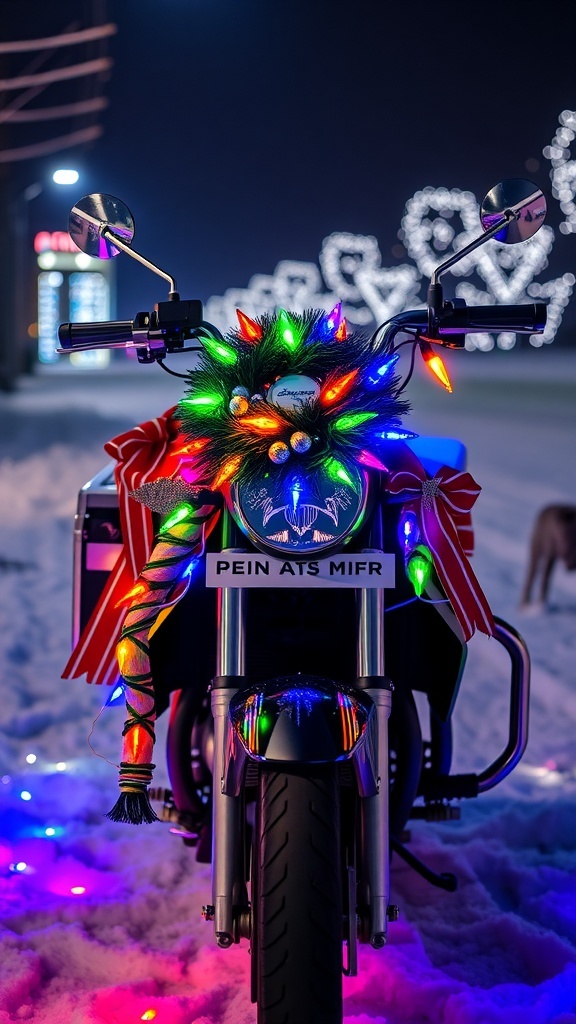 A Christmas-themed motorcycle decorated with lights and a wreath in a snowy setting.
